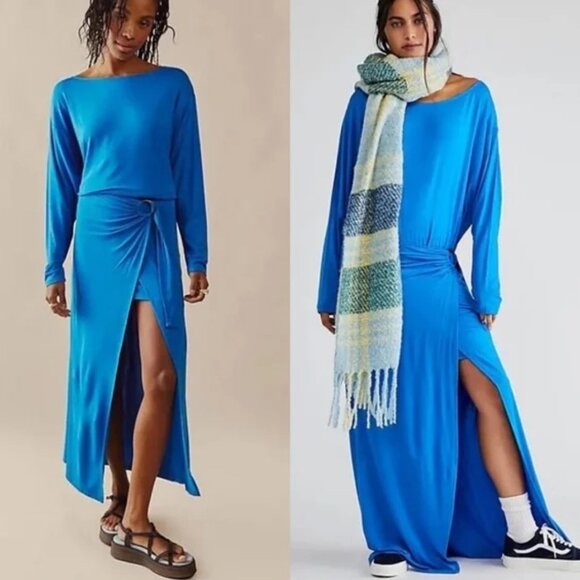 Free People Alyssa Long Sleeve Boho Wrap Maxi Dress Blue Small - Picture 1 of 10
